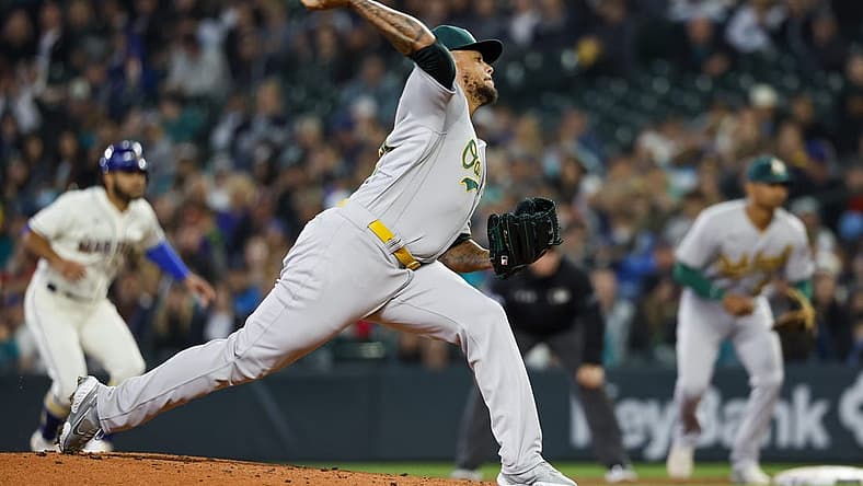 Jul 3, 2022; Seattle, Washington, USA; Oakland Athletics starting pitcher Frankie Montas (47) throws against the Seattle Mariners during the first inning at T-Mobile Park. Mandatory Credit: Joe Nicholson-USA TODAY Sports