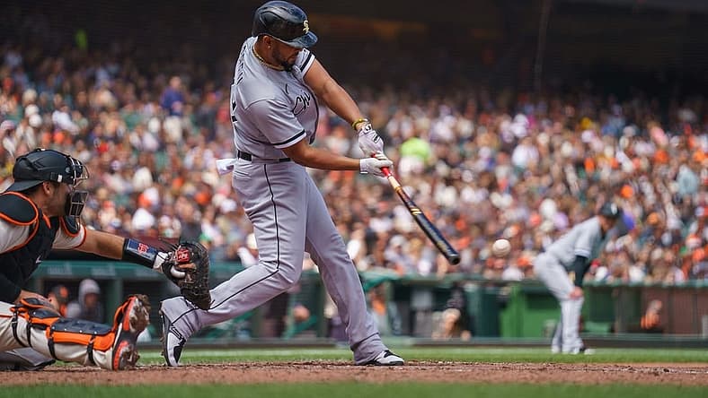 Jul 3, 2022; San Francisco, California, USA; Chicago White Sox designated hitter Jose Abreu (79) singles during the third inning to load the bases against the San Francisco Giants at Oracle Park. Mandatory Credit: Neville E. Guard-USA TODAY Sports