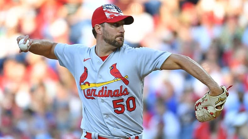 Jul 3, 2022; Philadelphia, Pennsylvania, USA; St. Louis Cardinals starting pitcher Adam Wainwright (50) throws a pitch against the Philadelphia Phillies during the second inning at Citizens Bank Park. Mandatory Credit: Eric Hartline-USA TODAY Sports