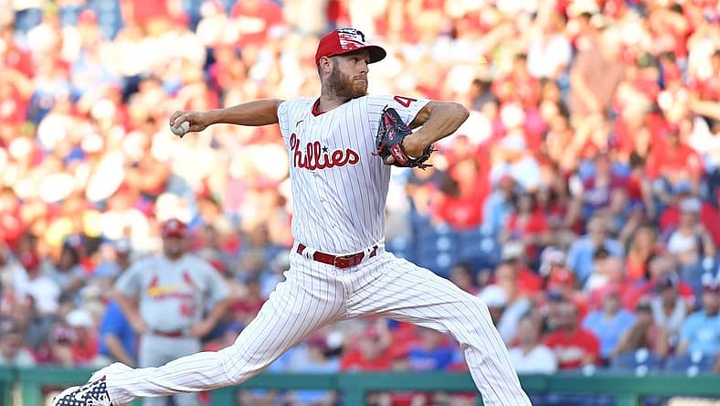 Jul 3, 2022; Philadelphia, Pennsylvania, USA; Philadelphia Phillies starting pitcher Zack Wheeler (45) throws a pitch during the second inning against the St. Louis Cardinals at Citizens Bank Park. Mandatory Credit: Eric Hartline-USA TODAY Sports