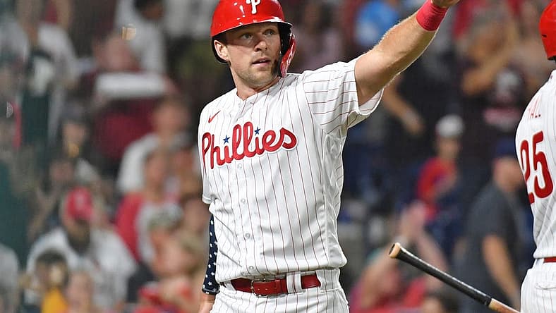 Jul 3, 2022; Philadelphia, Pennsylvania, USA; Philadelphia Phillies first baseman Rhys Hoskins (17) celebrates after he scored a run against the St. Louis Cardinals during the sixth inning at Citizens Bank Park. Mandatory Credit: Eric Hartline-USA TODAY Sports