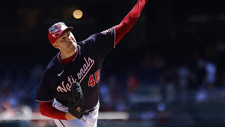 Jul 4, 2022; Washington, District of Columbia, USA; Washington Nationals starting pitcher Patrick Corbin (46) pit Ches against the Miami Marlins during the first inning at Nationals Park. Mandatory Credit: Geoff Burke-USA TODAY Sports