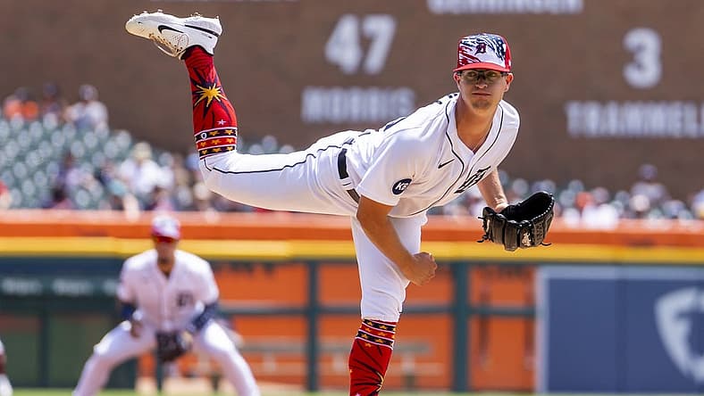 Jul 4, 2022; Detroit, Michigan, USA; Detroit Tigers starting pitcher Garrett Hill (50) pitches during the first inning against the Cleveland Guardians at Comerica Park. Mandatory Credit: Raj Mehta-USA TODAY Sports