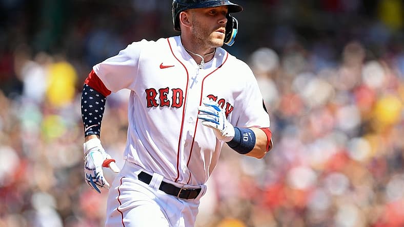 Jul 4, 2022; Boston, Massachusetts, USA; Boston Red Sox second baseman Trevor Story (10) runs the bases after hitting a solo home run against the Tampa Bay Rays during the fourth inning at Fenway Park. Mandatory Credit: Brian Fluharty-USA TODAY Sports