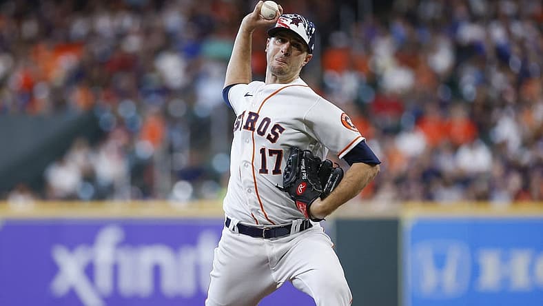 Jul 4, 2022; Houston, Texas, USA; Houston Astros starting pitcher Jake Odorizzi (17) delivers a pitch during the second inning against the Kansas City Royals at Minute Maid Park. Mandatory Credit: Troy Taormina-USA TODAY Sports