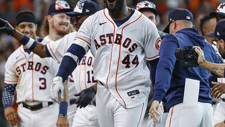 Jul 4, 2022; Houston, Texas, USA; Houston Astros designated hitter Yordan Alvarez (44) celebrates after hitting a walk-off home run during the ninth inning against the Kansas City Royals at Minute Maid Park. Mandatory Credit: Troy Taormina-USA TODAY Sports