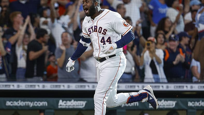 Jul 4, 2022; Houston, Texas, USA; Houston Astros designated hitter Yordan Alvarez (44) rounds the bases after hitting a walk-off home run during the ninth inning against the Kansas City Royals at Minute Maid Park. Mandatory Credit: Troy Taormina-USA TODAY Sports