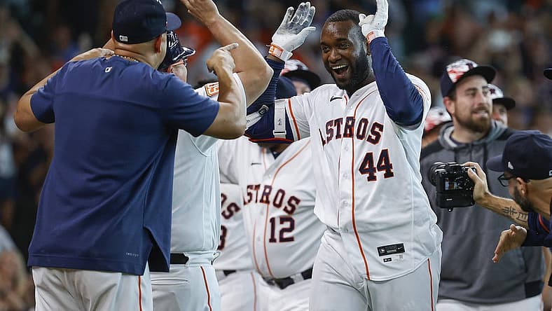 Jul 4, 2022; Houston, Texas, USA; Houston Astros designated hitter Yordan Alvarez (44) celebrates after hitting a walk-off home run during the ninth inning against the Kansas City Royals at Minute Maid Park. Mandatory Credit: Troy Taormina-USA TODAY Sports