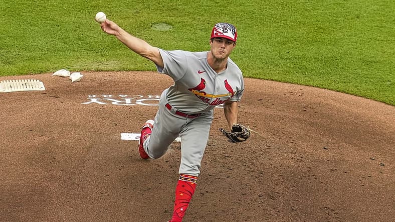 Jul 4, 2022; Cumberland, Georgia, USA; St. Louis Cardinals starting pitcher Dakota Hudson (43) pitches against the Atlanta Braves during the first inning at Truist Park. Mandatory Credit: Dale Zanine-USA TODAY Sports