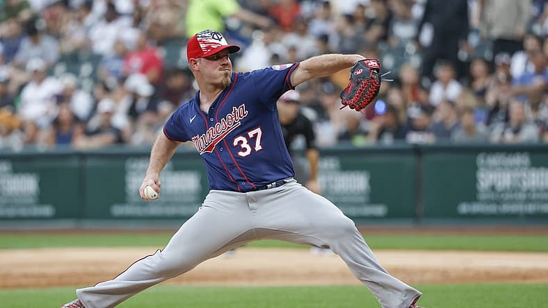 Jul 4, 2022; Chicago, Illinois, USA; Minnesota Twins starting pitcher Dylan Bundy (37) delivers against the Chicago White Sox during the first inning at Guaranteed Rate Field. Mandatory Credit: Kamil Krzaczynski-USA TODAY Sports