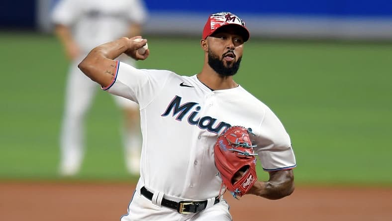 Jul 5, 2022; Miami, Florida, USA; Miami Marlins starting pitcher Sandy Alcantara (22) delivers in the third inning against the Los Angeles Angels at loanDepot Park. Mandatory Credit: Jim Rassol-USA TODAY Sports