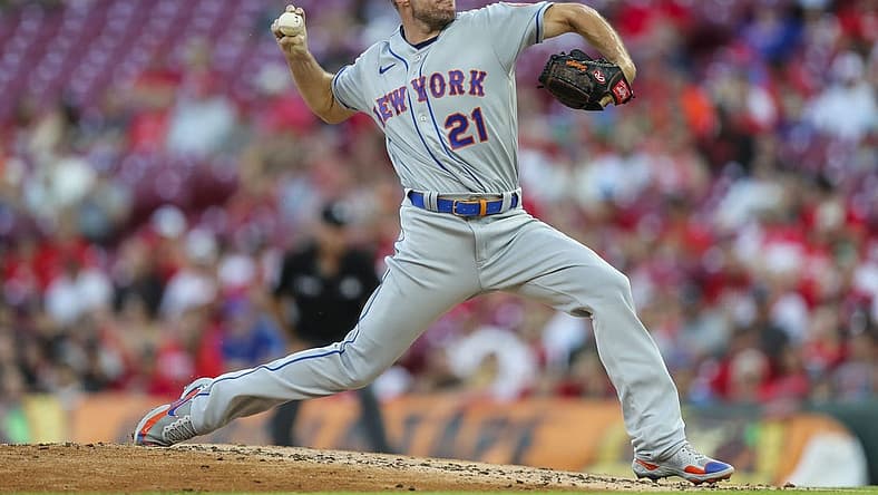 Jul 5, 2022; Cincinnati, Ohio, USA; New York Mets starting pitcher Max Scherzer (21) pitches during the second inning against the Cincinnati Reds at Great American Ball Park. Mandatory Credit: Katie Stratman-USA TODAY Sports