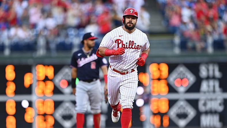 Jul 5, 2022; Philadelphia, Pennsylvania, USA; Philadelphia Phillies outfielder Kyle Schwarber (12) rounds the bases after hitting a home run against the Washington Nationals in the third inning at Citizens Bank Park. Mandatory Credit: Kyle Ross-USA TODAY Sports
