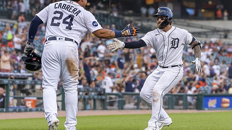 Jul 5, 2022; Detroit, Michigan, USA; Detroit Tigers catcher Eric Haase (right) celebrates with designated hitter Miguel Cabrera (24) after hitting a two run home run during the fourth inning against the Cleveland Guardians at Comerica Park. Mandatory Credit: Raj Mehta-USA TODAY Sports