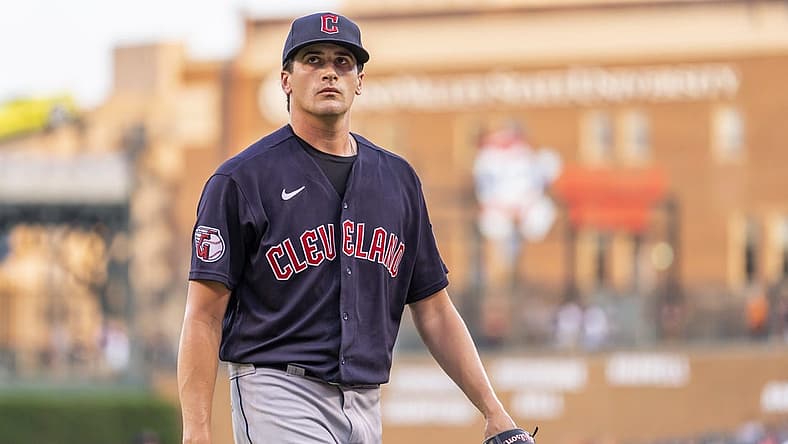 Jul 5, 2022; Detroit, Michigan, USA; Cleveland Guardians starting pitcher Cal Quantrill (47) walks to the dugout during the fourth inning against the Detroit Tigers at Comerica Park. Mandatory Credit: Raj Mehta-USA TODAY Sports