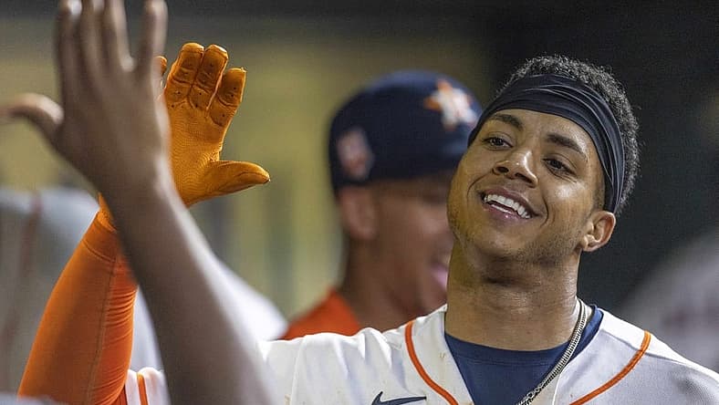 Jul 5, 2022; Houston, Texas, USA; Houston Astros shortstop Jeremy Pena (3) celebrates his home run in the dugout against the Kansas City Royals in the fifth inning at Minute Maid Park. Mandatory Credit: Thomas Shea-USA TODAY Sports