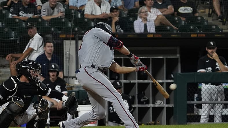 Jul 5, 2022; Chicago, Illinois, USA; Minnesota Twins left fielder Alex Kirilloff (19)hits a two run home run against the Chicago White Sox during the seventh inning at Guaranteed Rate Field. Mandatory Credit: David Banks-USA TODAY Sports