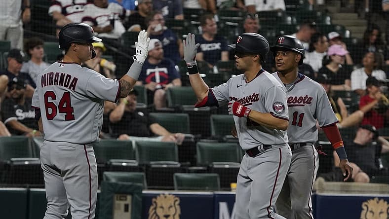 Jul 5, 2022; Chicago, Illinois, USA; Minnesota Twins left fielder Alex Kirilloff (19) is greeted by third baseman Jose Miranda (64) after hitting a two run home run against the Chicago White Sox during the seventh inning at Guaranteed Rate Field. Mandatory Credit: David Banks-USA TODAY Sports