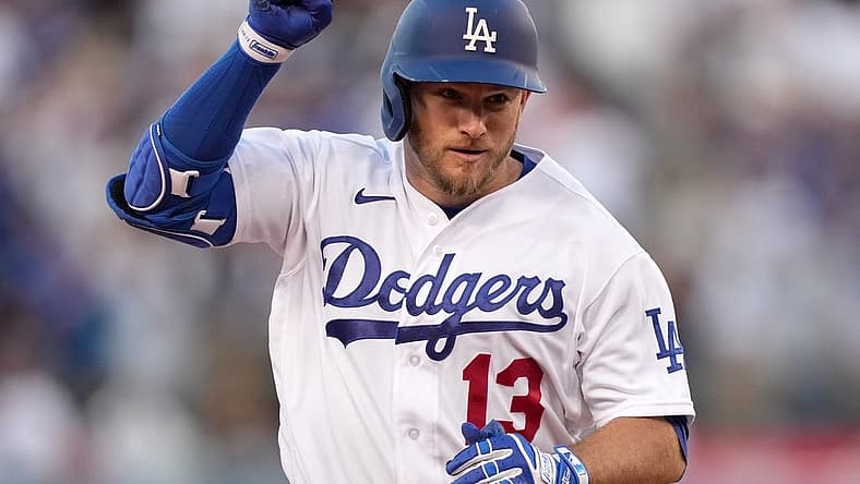 Jul 5, 2022; Los Angeles, California, USA; Los Angeles Dodgers third baseman Max Muncy (13) celebrates after hitting a two-run home run in the second inning against the Colorado Rockies at Dodger Stadium. Mandatory Credit: Kirby Lee-USA TODAY Sports
