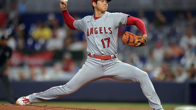 Jul 6, 2022; Miami, Florida, USA; Los Angeles Angels starting pitcher Shohei Ohtani (17) delivers a pitch in the first inning against the Miami Marlins at loanDepot Park. Mandatory Credit: Jim Rassol-USA TODAY Sports