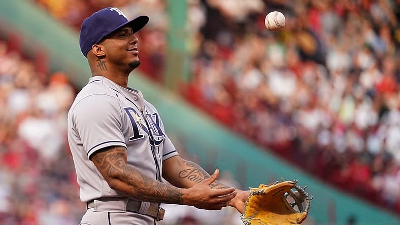 Jul 6, 2022; Boston, Massachusetts, USA; Tampa Bay Rays shortstop Wander Franco (5) reacts after a fielding error against the Boston Red Sox in the second inning at Fenway Park. Mandatory Credit: David Butler II-USA TODAY Sports