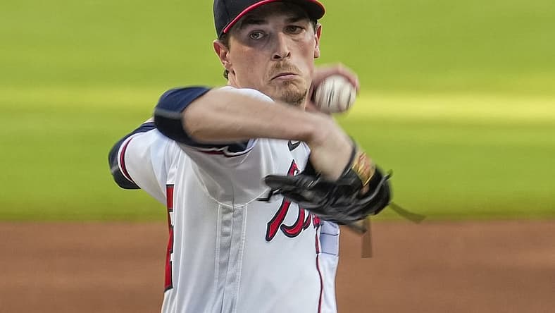 Jul 6, 2022; Cumberland, Georgia, USA; Atlanta Braves starting pitcher Max Fried (54) pitches against the St. Louis Cardinals during the first inning at Truist Park. Mandatory Credit: Dale Zanine-USA TODAY Sports