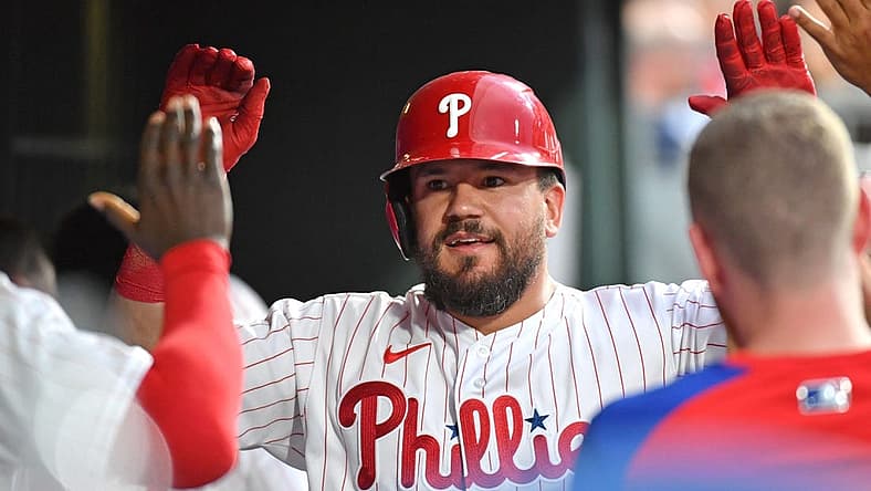 Jul 6, 2022; Philadelphia, Pennsylvania, USA; Philadelphia Phillies left fielder Kyle Schwarber (12) celebrates his home run in the dugout during the fourth inning against the Washington Nationals at Citizens Bank Park. Mandatory Credit: Eric Hartline-USA TODAY Sports