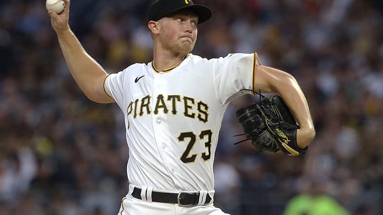 Jul 6, 2022; Pittsburgh, Pennsylvania, USA; Pittsburgh Pirates starting pitcher Mitch Keller (23) throws a pitch against the New York Yankees during the first inning at PNC Park. Mandatory Credit: Charles LeClaire-USA TODAY Sports