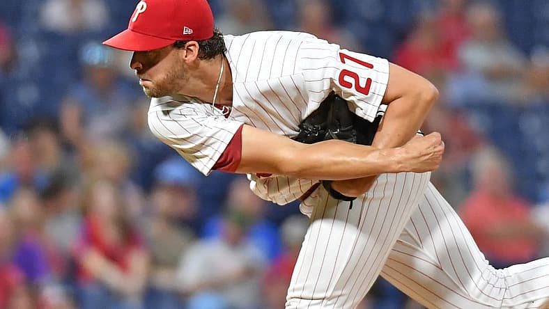 Jul 6, 2022; Philadelphia, Pennsylvania, USA; Philadelphia Phillies starting pitcher Aaron Nola (27) throws a pitch against the Washington Nationals during the sixth inning at Citizens Bank Park. Mandatory Credit: Eric Hartline-USA TODAY Sports