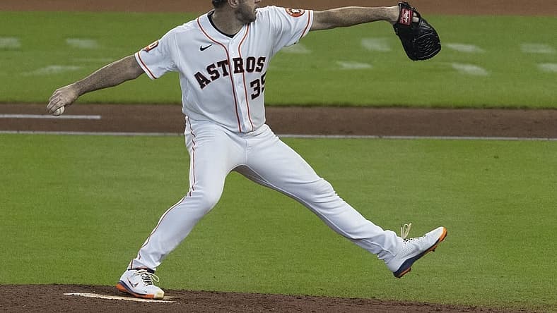 Jul 7, 2022; Houston, Texas, USA;  Houston Astros starting pitcher Justin Verlander (35) pitches against the Kansas City Royals in the fifth inning at Toyota Center. Mandatory Credit: Thomas Shea-USA TODAY Sports