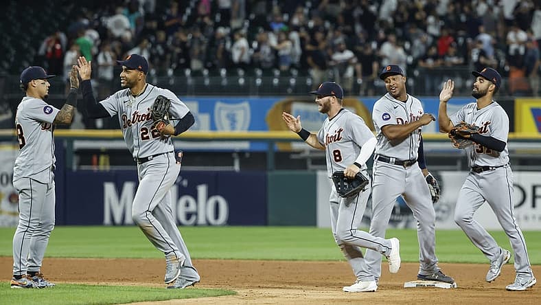 Jul 7, 2022; Chicago, Illinois, USA; Detroit Tigers players celebrate after defeating the Chicago White Sox at Guaranteed Rate Field. Mandatory Credit: Kamil Krzaczynski-USA TODAY Sports