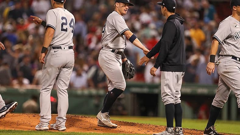 Jul 7, 2022; Boston, Massachusetts, USA; New York Yankees third baseman Josh Donaldson (28) celebrates after defeating the Boston Red Sox at Fenway Park. Mandatory Credit: Paul Rutherford-USA TODAY Sports