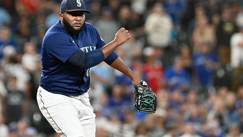 Jul 7, 2022; Seattle, Washington, USA; Seattle Mariners relief pitcher Diego Castillo celebrates after the Mariners get the final out of the game against the Toronto Blue Jays at T-Mobile Park. Seattle defeated Toronto 8-3. Mandatory Credit: Steven Bisig-USA TODAY Sports