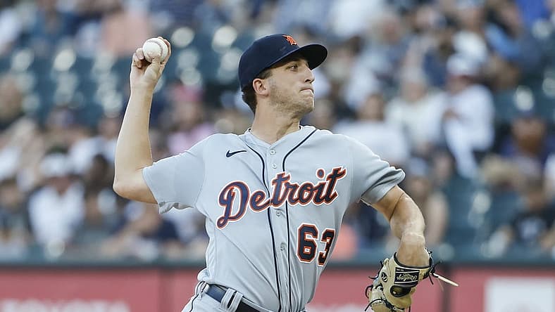 Jul 7, 2022; Chicago, Illinois, USA; Detroit Tigers starting pitcher Beau Brieske (63) delivers against the Chicago White Sox during the first inning at Guaranteed Rate Field. Mandatory Credit: Kamil Krzaczynski-USA TODAY Sports