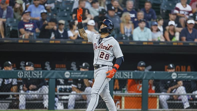 Jul 7, 2022; Chicago, Illinois, USA; Detroit Tigers shortstop Javier Baez (28) rounds the bases after hitting a solo home run against the Chicago White Sox during the fourth inning at Guaranteed Rate Field. Mandatory Credit: Kamil Krzaczynski-USA TODAY Sports