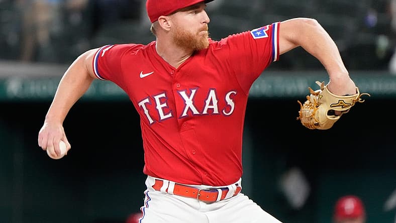 Jul 8, 2022; Arlington, Texas, USA; Texas Rangers starting pitcher Jon Gray (22) delivers against the Minnesota Twins during the first inning at Globe Life Field. Mandatory Credit: Jim Cowsert-USA TODAY Sports