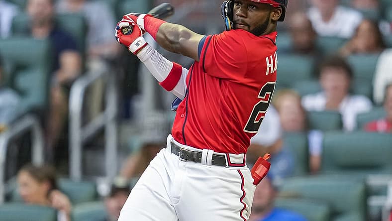 Jul 8, 2022; Cumberland, Georgia, USA; Atlanta Braves center fielder Michael Harris II (23) hits a double to score two runs against the Washington Nationals during the second inning at Truist Park. Mandatory Credit: Dale Zanine-USA TODAY Sports