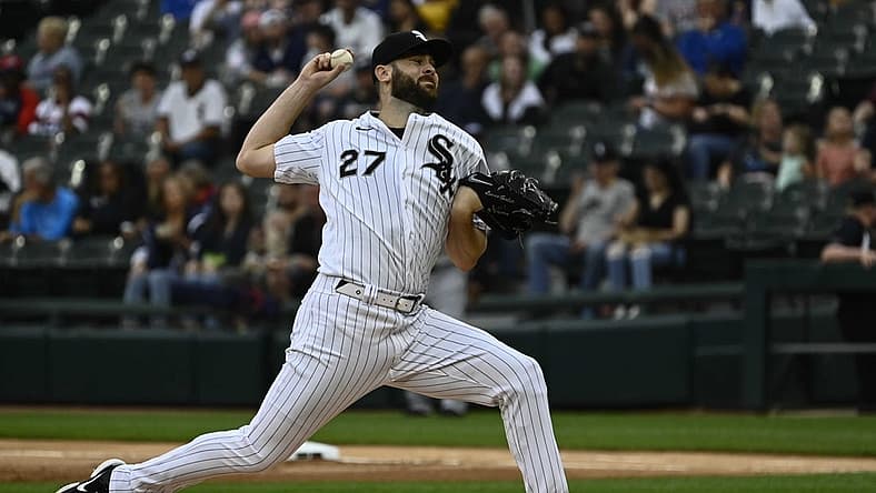 Jul 8, 2022; Chicago, Illinois, USA;  Chicago White Sox starting pitcher Lucas Giolito (27) delivers against the Detroit Tigers during the first inning at Guaranteed Rate Field. Mandatory Credit: Matt Marton-USA TODAY Sports