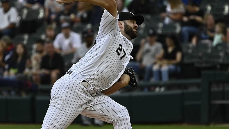 Jul 8, 2022; Chicago, Illinois, USA; Chicago White Sox starting pitcher Lucas Giolito (27) delivers against the Detroit Tigers during the first inning at Guaranteed Rate Field. Mandatory Credit: Matt Marton-USA TODAY Sports