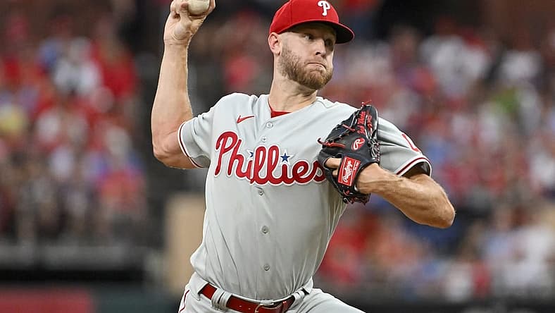 Jul 8, 2022; St. Louis, Missouri, USA; Philadelphia Phillies starting pitcher Zack Wheeler (45) pitches against the St. Louis Cardinals during the first inning at Busch Stadium. Mandatory Credit: Jeff Curry-USA TODAY Sports