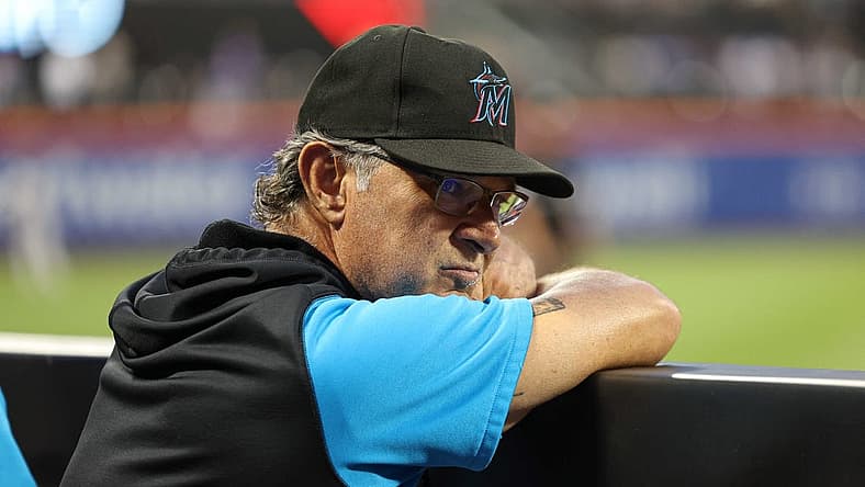 Jul 8, 2022; New York City, New York, USA; Miami Marlins manager Don Mattingly (8) watches game action during the third inning against the New York Mets at Citi Field. Mandatory Credit: Vincent Carchietta-USA TODAY Sports