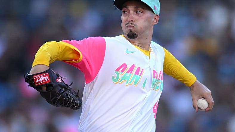 Jul 8, 2022; San Diego, California, USA; San Diego Padres starting pitcher Blake Snell (4) throws a pitch against the San Francisco Giants during the second inning at Petco Park. Mandatory Credit: Orlando Ramirez-USA TODAY Sports