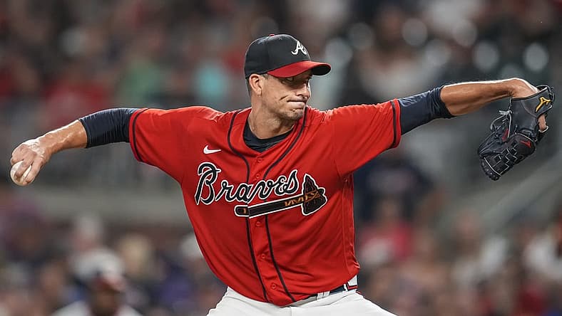 Jul 8, 2022; Cumberland, Georgia, USA; Atlanta Braves starting pitcher Charlie Morton (50) pitches against the Washington Nationals during the seventh inning at Truist Park. Mandatory Credit: Dale Zanine-USA TODAY Sports