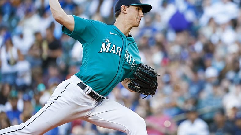 Jul 8, 2022; Seattle, Washington, USA; Seattle Mariners starting pitcher George Kirby (68) throws against the Toronto Blue Jays during the second inning at T-Mobile Park. Mandatory Credit: Joe Nicholson-USA TODAY Sports