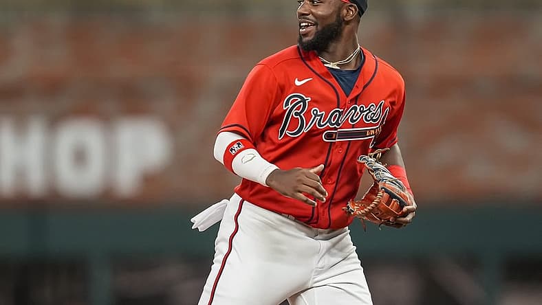 Jul 8, 2022; Cumberland, Georgia, USA; Atlanta Braves center fielder Michael Harris II reacts after the Braves defeated the Washington Nationals at Truist Park. Mandatory Credit: Dale Zanine-USA TODAY Sports