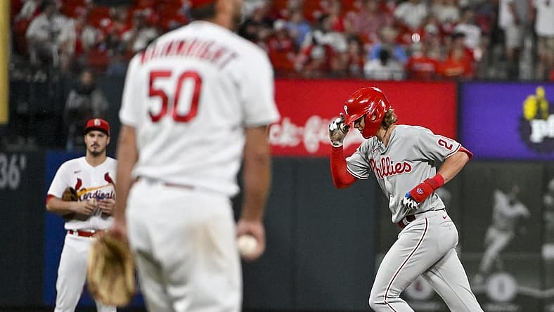 Jul 8, 2022; St. Louis, Missouri, USA; Philadelphia Phillies third baseman Alec Bohm (28) reacts as he runs the bases after hitting a solo home run off of St. Louis Cardinals starting pitcher Adam Wainwright (50) during the eighth inning at Busch Stadium. Mandatory Credit: Jeff Curry-USA TODAY Sports