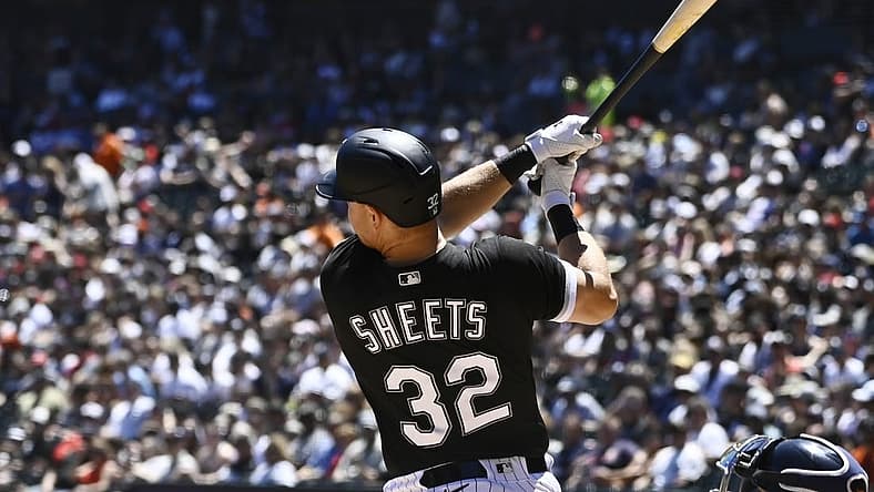 Jul 9, 2022; Chicago, Illinois, USA;  Chicago White Sox right fielder Gavin Sheets (32) hits a three run home run against the Detroit Tigers during the first inning at Guaranteed Rate Field. Mandatory Credit: Matt Marton-USA TODAY Sports