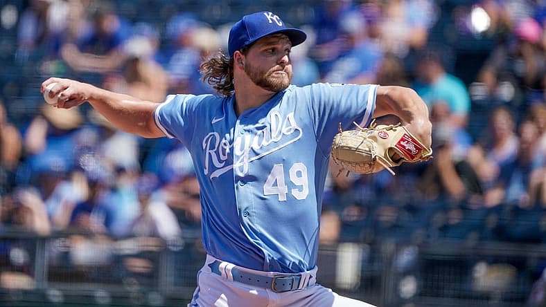 Jul 9, 2022; Kansas City, Missouri, USA; Kansas City Royals starting pitcher Jonathan Heasley (49) delivers a pitch against the Cleveland Guardians in the first inning at Kauffman Stadium. Mandatory Credit: Denny Medley-USA TODAY Sports