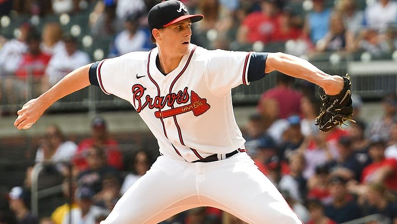 Jul 9, 2022; Cumberland, Georgia, USA; Atlanta Braves starting pitcher Kyle Wright (30) throws a pitch against the Washington Nationals at Truist Park. Mandatory Credit: Larry Robinson-USA TODAY Sports