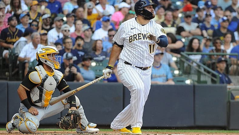 Jul 9, 2022; Milwaukee, Wisconsin, USA; Milwaukee Brewers first baseman Rowdy Tellez (11) at bat against the Pittsburgh Pirates in the third inning at American Family Field. Mandatory Credit: Michael McLoone-USA TODAY Sports